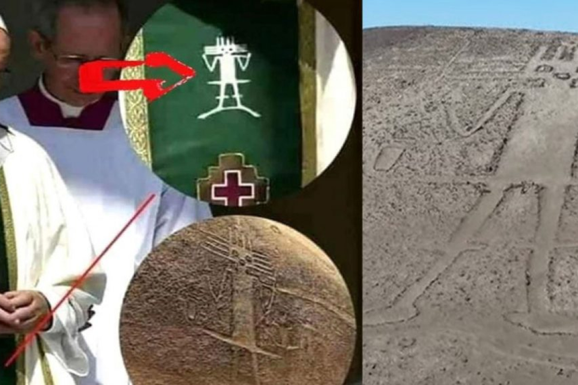 Why does the Pope have a symbol of an ALIEN on his cover ? This symbol is the Atacama Giant, a 3000-year-old and 86-meter-tall drawing found in Chile