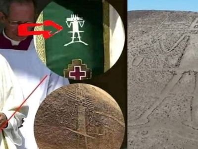 Why does the Pope have a symbol of an ALIEN on his cover ? This symbol is the Atacama Giant, a 3000-year-old and 86-meter-tall drawing found in Chile